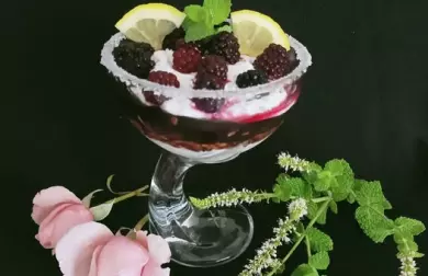 Tvarohový chia pohár s ostružinami a čokoládou