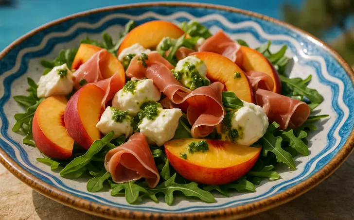 Broskvový salát s prosciuttem, čerstvou mozzarellou a bazalkovou zálivkou