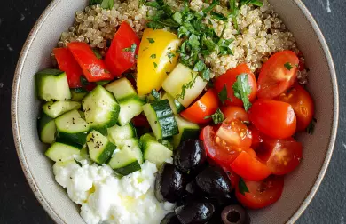 Miska s quinoou a zeleninou s dresinkem s cottage sýru