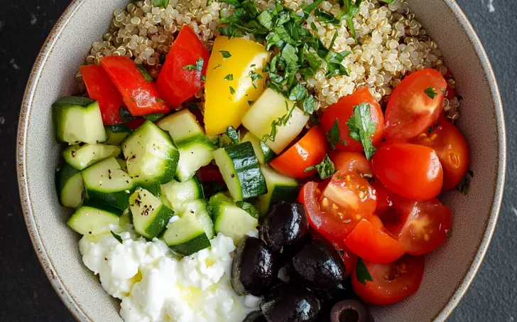 Miska s quinoou a zeleninou s dresinkem s cottage sýru