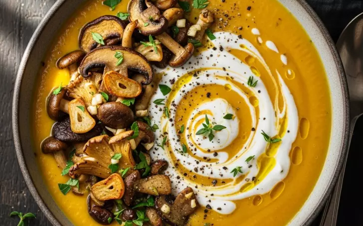 Dýňová polévka se restovanými houbami a tymiánovým jogurtem