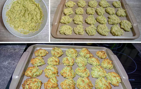 Na závěr jsem nasekala najemno koření, na tenká kolečka jarní cibulku a smíchala s vejci, hořčicí a pepřem.

Vše jsem promíchala v míse a na plech lžičkou kladla  na plech malé kopečky (vyšly mi na jeden a půl plechu).