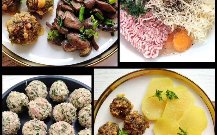 Masové kuličky se sýrem a medvědím česnekem, vařená kedlubna a dušené žampiony s bylinkami